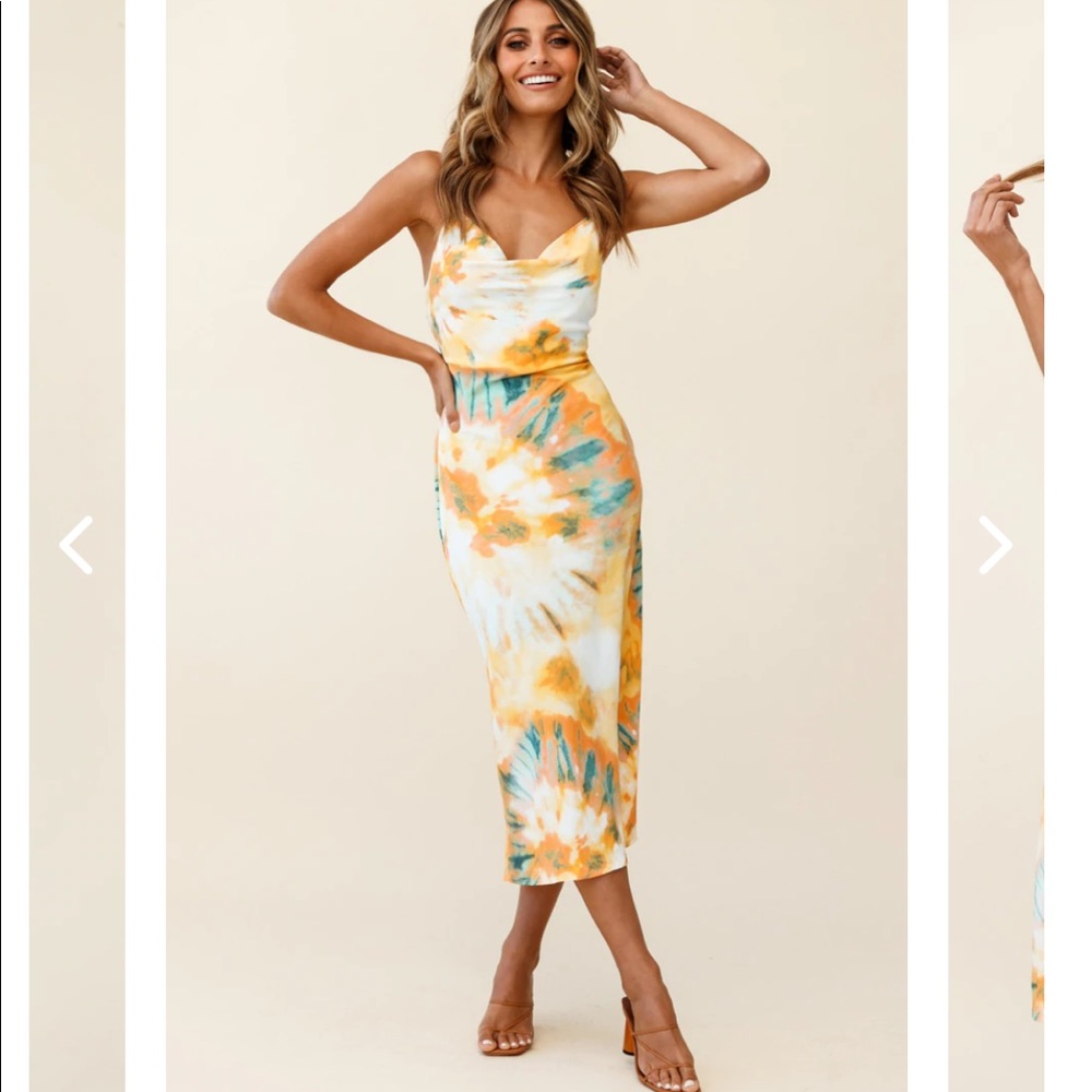 Selfie Leslie - SHOW ME LOVE COWL NECK MIDI DRESS TIE-DYE ORANGE MULTI XS